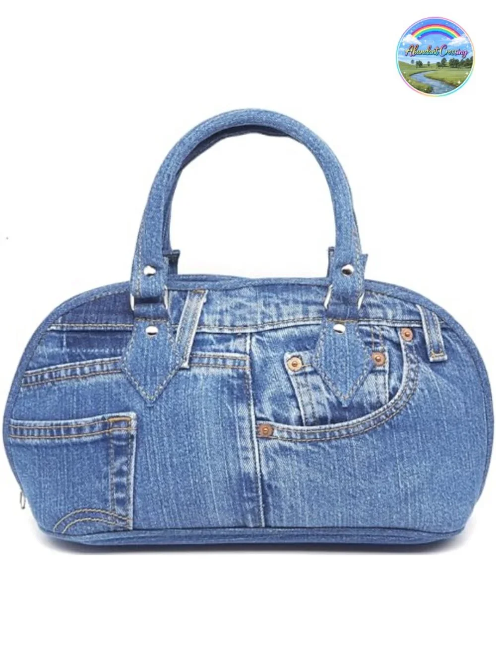 Upcycled Denim Curved Satchel Top Handle Handbag Purse